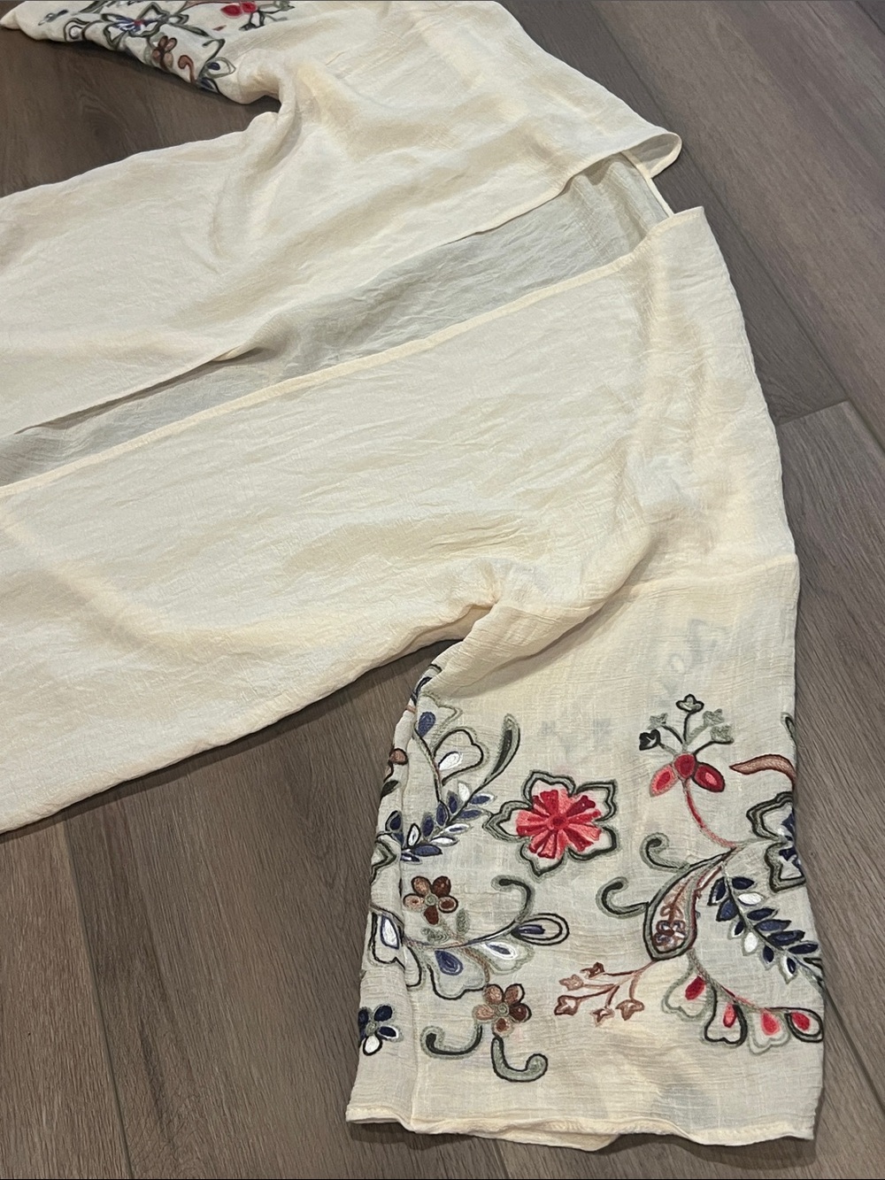 Cream Sheer Floral Embroidered Open-Front Women's Kimono Coverup Boho Beach - Picture 9 of 11